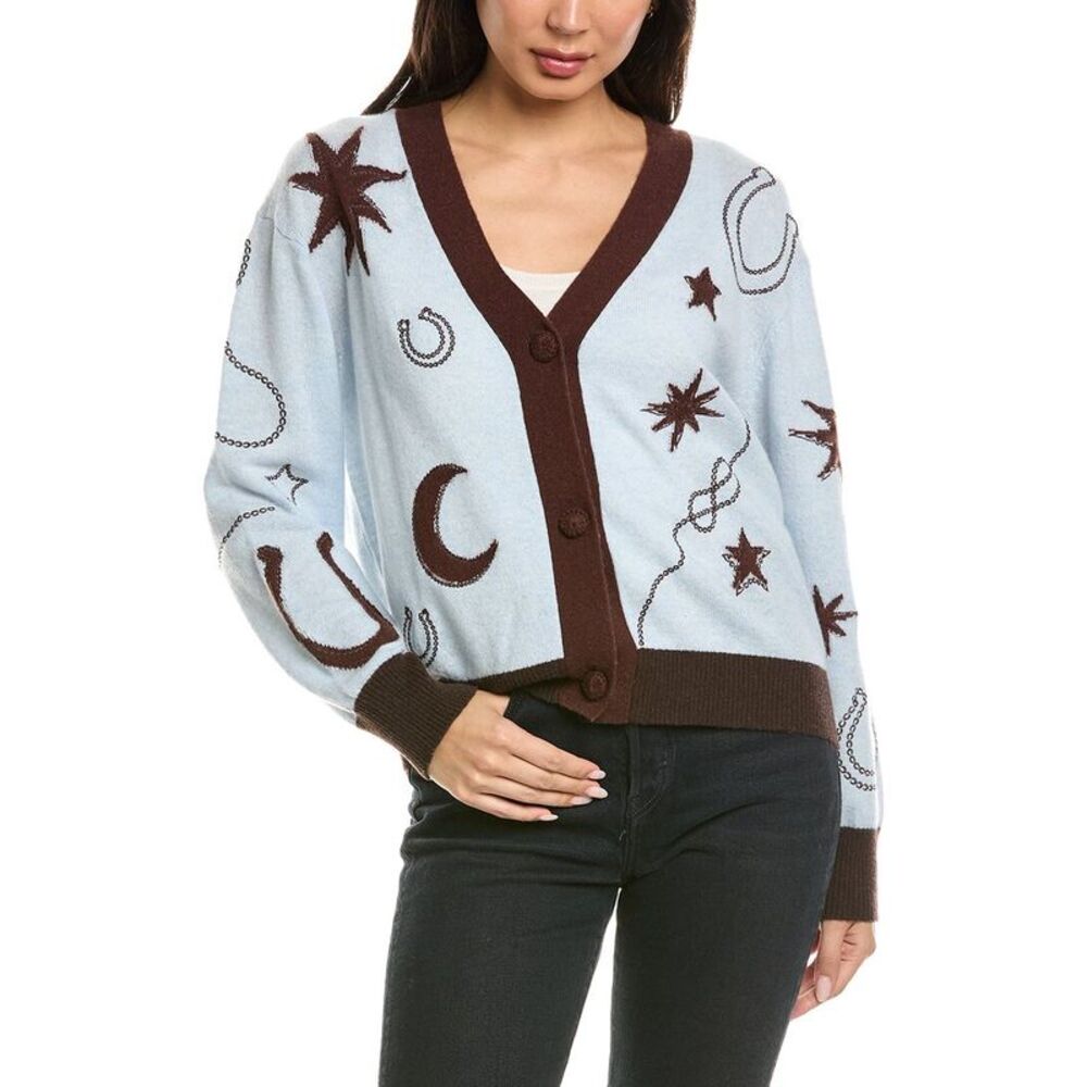 Brodie Cashmere Womens Equestrian Motif 100% Cashmere Cardigan, Blue